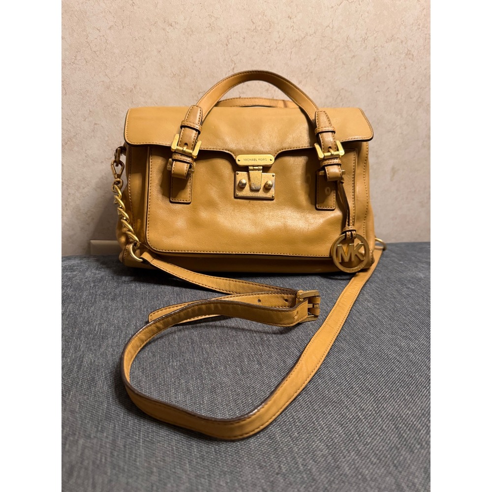 Michael Kors Hamilton Satchel Tan Leather Gold Hardware Crossbody Handbag